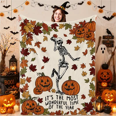 Skeleton Pumpkin Fall Halloween Blanket: Dancing Skeleton Design