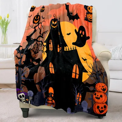 Haunted House with Pumpkins Blanket: Spooky Halloween Scene