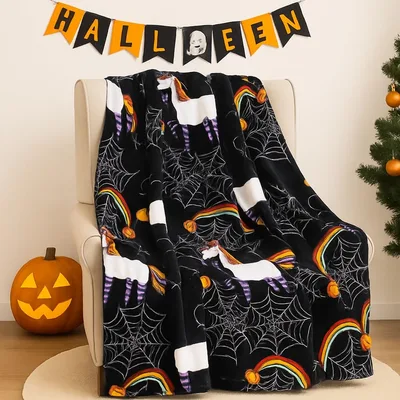 Spider Web Halloween Pattern Blanket with Rainbow Unicorns