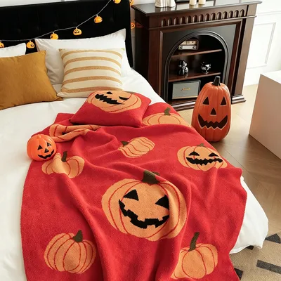 Jack O Lantern Pumpkins Blanket: Spooky Carved Faces on Red