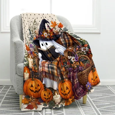 Ghost in Plaid Blanket: Spooky Halloween Reader with Pumpkins