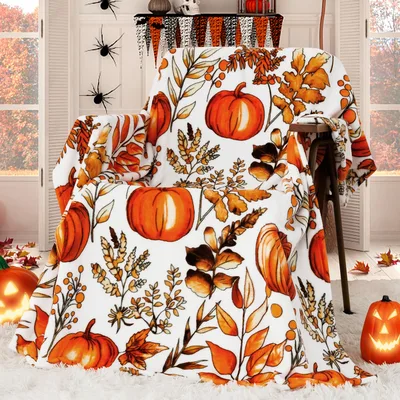 Pumpkins and Fall Leaves Pattern Blanket for Autumn Cozy Vibes