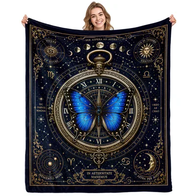 Celestial Butterfly Clock Compass Blanket: Gothic Sky Design