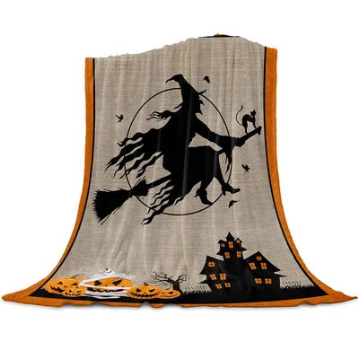 Witch on Broomstick Halloween Blanket Spooky Silhouette Design