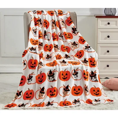 Halloween Pumpkins and Black Blanket: Cozy Fall Feline Design