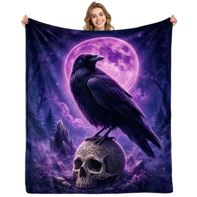 Raven on Skull Under Blanket: Gothic Moon and Raven Art