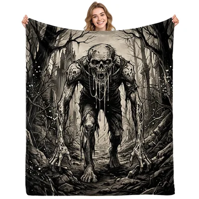 Zombie in Dark Forest Blanket featuring a terrifying undead monster