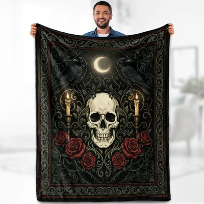 Gothic Skull Raven Roses Blanket: Dark Aesthetic Throw for Home