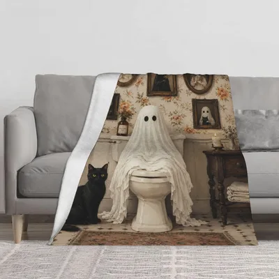 Ghost on Toilet Blanket: Gothic Ghost and Black Cat Throw