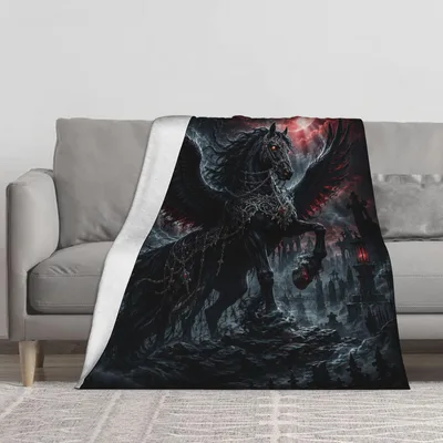 Dark Horse in Fiery Blanket: Gothic Winged Stallion Art