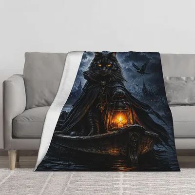 Lantern Glow Dark Night Blanket: Gothic Black Cat Ferryman Art
