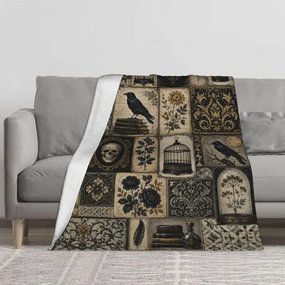 Gothic Ravens and Birdcages Blanket: Dark Vintage Collage Design