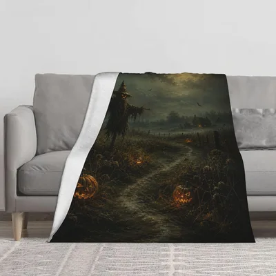 Halloween Pumpkin Scarecrow Path Blanket: Spooky Field Scene