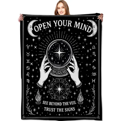 Open Your Mind Tarot Blanket: Mystic Crystal Ball and Zodiac Art