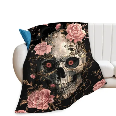 Skull and Pink Roses Blanket: Gothic Art with Floral Details