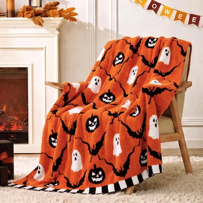Pumpkin Ghosts and Bats Blanket: Spooky Plaid Design for Halloween