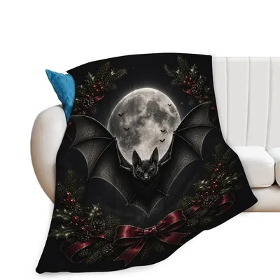 Gothic Bat and Full Blanket: Dark Holiday Art with Moon and Wreath