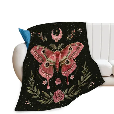 Pink Moth with Roses Blanket: Gothic Floral Art for Night Lovers