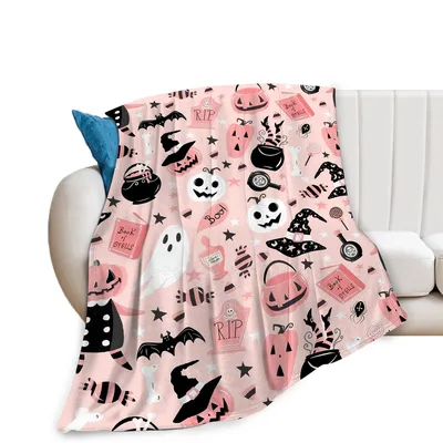 Pink Halloween Ghosts Bats Blanket for Spooky Season