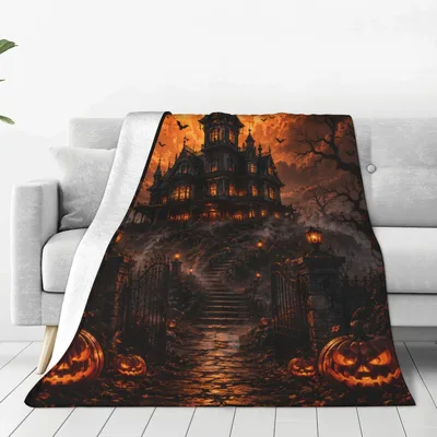 Haunted Pumpkin Path Halloween Blanket: Spooky Mansion Design