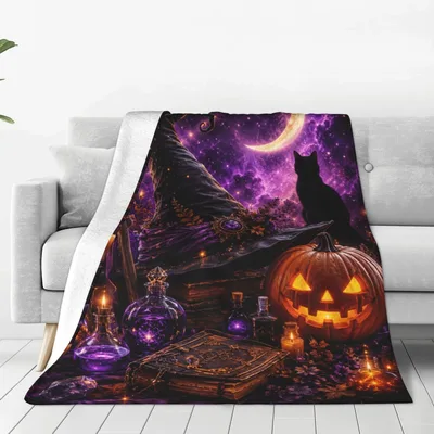 Witchy Black Cat Halloween Blanket: A Spellbinding Night Scene