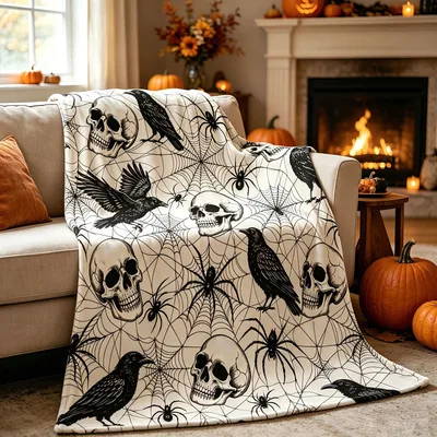 Halloween Spiders Skulls Crows Blanket: Gothic Horror Design