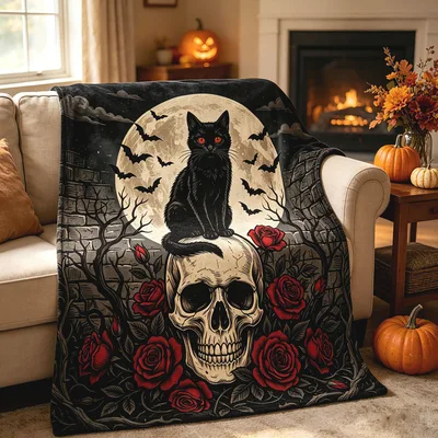 Black Cat on Skull Blanket: Gothic Feline Perched on a Skull