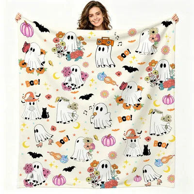 Halloween Ghost Cats Pattern Blanket: Spooky Floral Ghosts Design