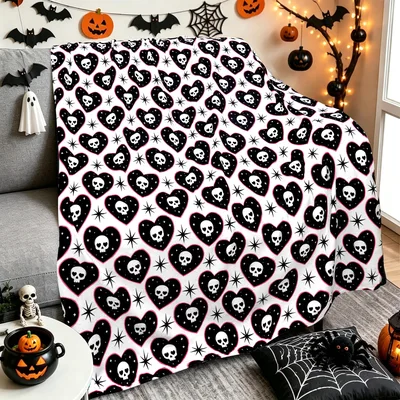 Halloween Skull Heart Pattern Blanket featuring gothic black hearts