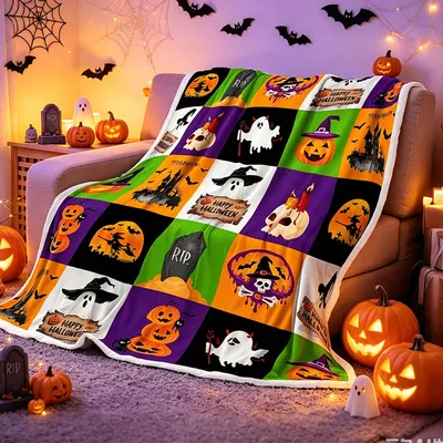 Halloween Pumpkins Ghosts Patchwork Blanket Spooky Plaid Design
