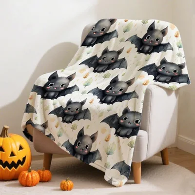 Black Bat Halloween Pattern Blanket with Cute Flying Bats and Leaves