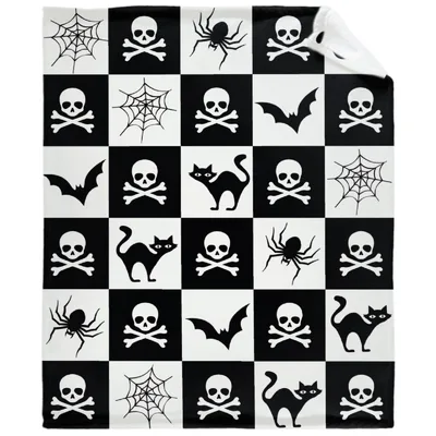 Skulls Spiders Bats Checkerboard Blanket for Halloween Lovers