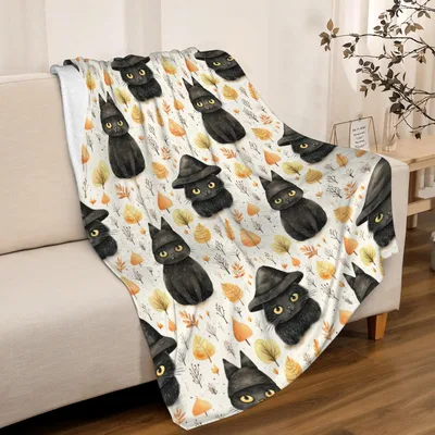 Black Cats in Witch Blanket: Feline Halloween Throw