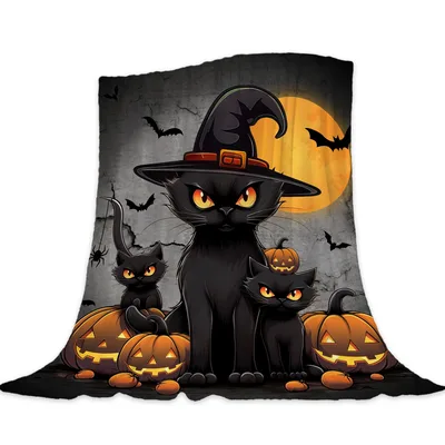 Black Cats and Pumpkins Blanket: Spooky Halloween Feline Design