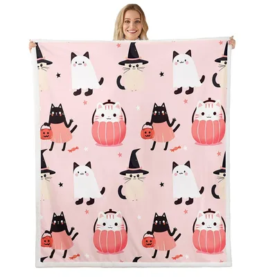 Ghost Cats and Pumpkins Blanket: Spooky Cute Halloween Feline Design