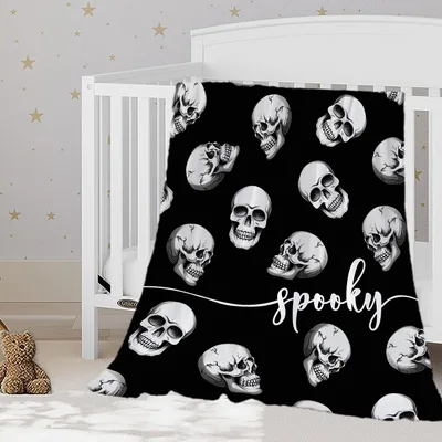Spooky Skull Pattern Blanket: Halloween Design with Script Text