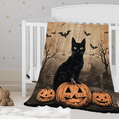 Black Cat and Pumpkins Blanket Vintage Halloween Art
