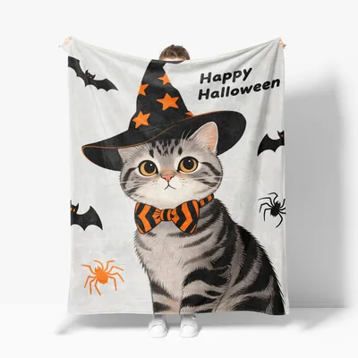 Witch Hat Blanket featuring a tabby cat in a starry hat