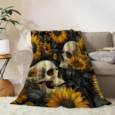 Sunflowers and Skulls Pattern Blanket featuring realistic skulls