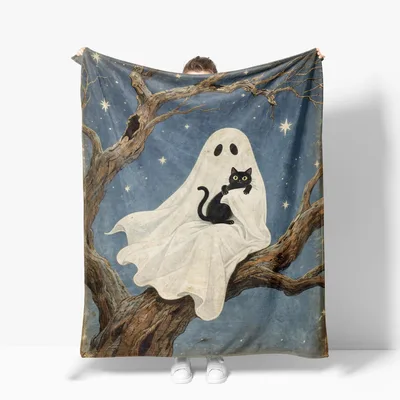 Ghost and Black Cat Blanket: Spooky Tree Scene