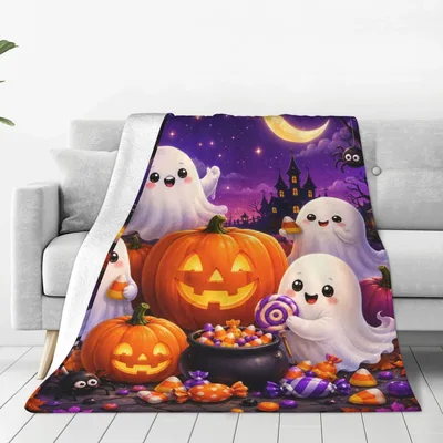 Ghosts and Pumpkins Halloween Scene Blanket: Cute Ghosts with Candy