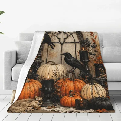 Raven Perched Among Pumpkins Blanket Gothic Halloween Decor