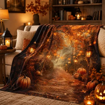 Halloween Forest Pumpkin Path Blanket: A Glowing Autumn Trail