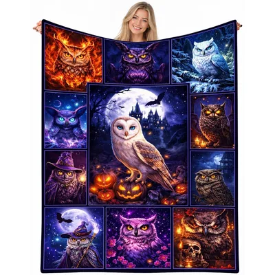 Owls and Moon Halloween Blanket: Spooky Owl Collage Design
