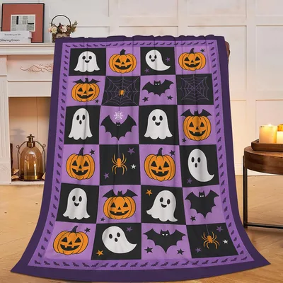 Halloween Ghosts and Pumpkins Blanket: Spooky Checkerboard Throw
