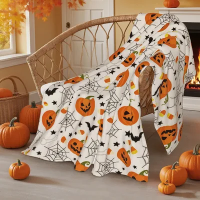 Halloween Pumpkin Spider Web Blanket for Spooky Season Coziness