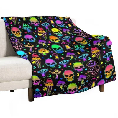 Skulls and Mushrooms Pattern Blanket: Neon Psychedelic Design