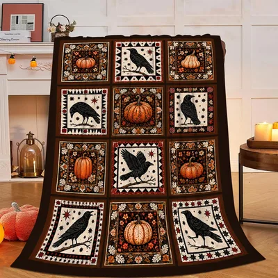 Halloween Crows and Pumpkins Blanket Quilt-Style Fall Design