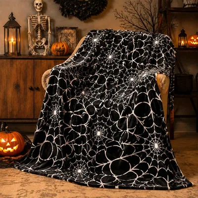 Black Spiderweb Pattern Spooky Blanket for Halloween Enthusiasts