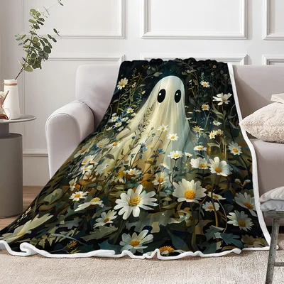 Ghost Among White Daisies Blanket: Spooky Floral Halloween Throw